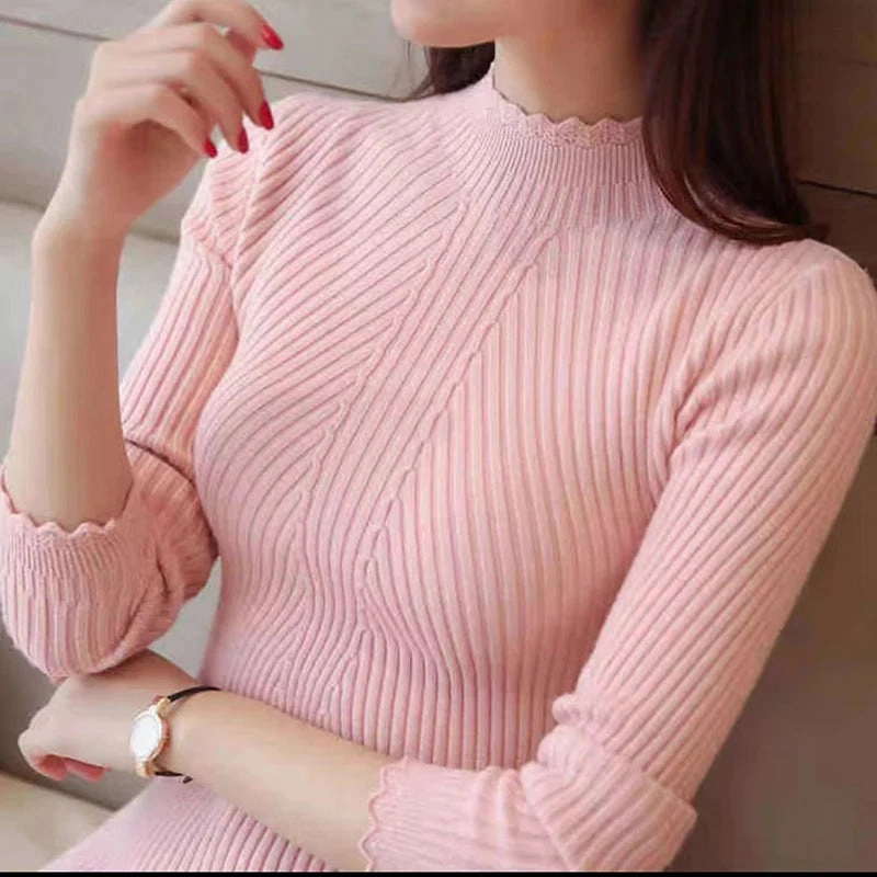 EVNISI Autumn Women Mock Neck Ruffles Sweater for Winter