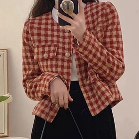 EVNISI Women Autumn Long Sleeve Buttons Up Cardigan Jacket Red Plaid Elegant Coat Office Short Coat Casual Outwear Winter