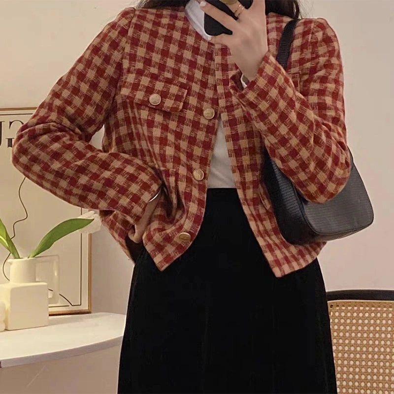 EVNISI Women Autumn Long Sleeve Buttons Up Cardigan Jacket Red Plaid Elegant Coat Office Short Coat Casual Outwear Winter
