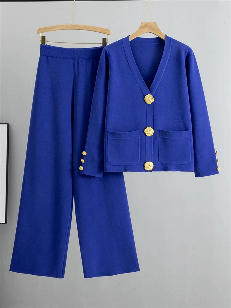 Fall Winter Women's Knit Sweater Set with Gold Button V-Neck Cardigan and High Waist Wide Leg Pants Plus Size Casual Conjunto
