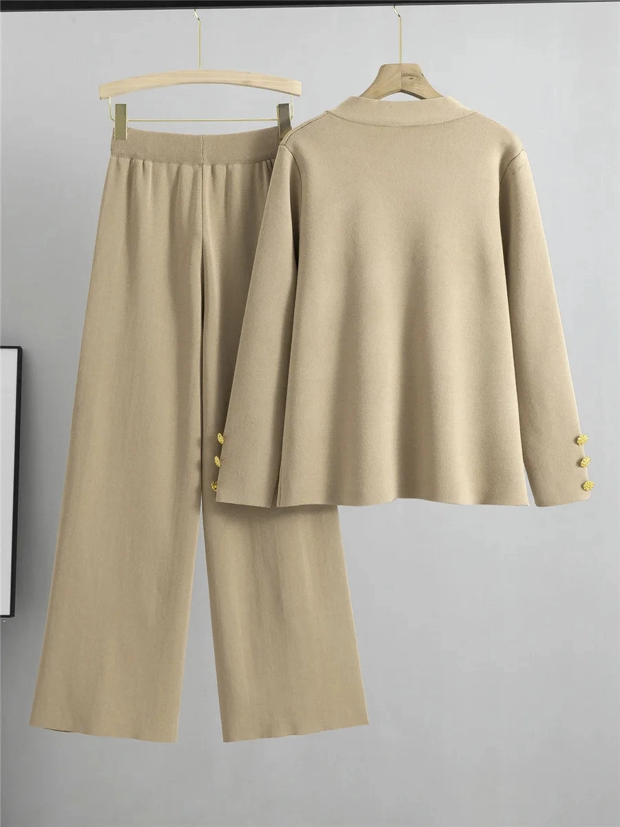 Fall Winter Women's Knit Sweater Set with Gold Button V-Neck Cardigan and High Waist Wide Leg Pants Plus Size Casual Conjunto
