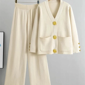 Fall Winter Women's Knit Sweater Set with Gold Button V-Neck Cardigan and High Waist Wide Leg Pants Plus Size Casual Conjunto