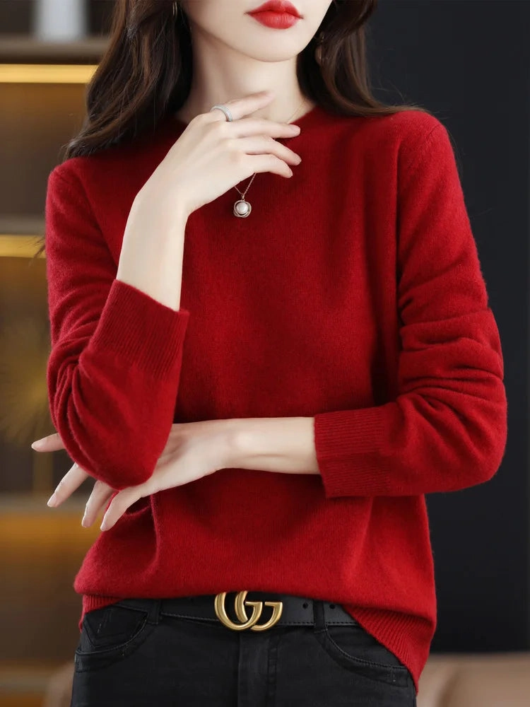 Fashion 100% Merino Wool Sweater Elegant Cashmere Pullover for Women O-Neck Long Sleeve Knitwear Jumper Tops Soft Warm Lightweight