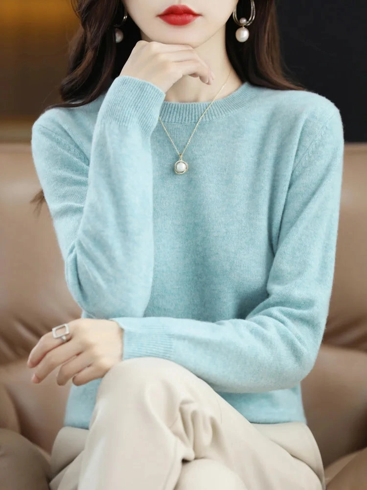 Fashion 100% Merino Wool Sweater Elegant Cashmere Pullover for Women O-Neck Long Sleeve Knitwear Jumper Tops Soft Warm Lightweight