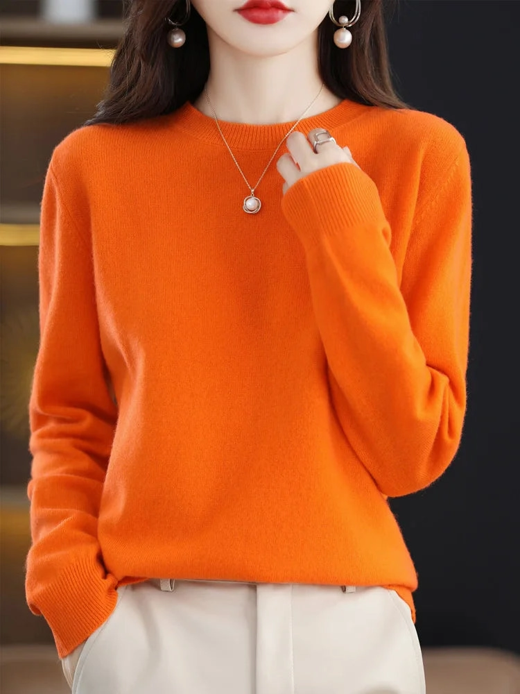 Fashion 100% Merino Wool Sweater Elegant Cashmere Pullover for Women O-Neck Long Sleeve Knitwear Jumper Tops Soft Warm Lightweight