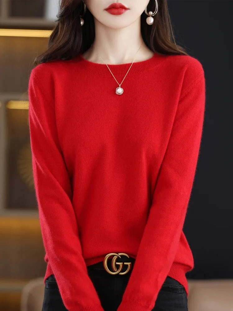 Fashion 100% Merino Wool Sweater Elegant Cashmere Pullover for Women O-Neck Long Sleeve Knitwear Jumper Tops Soft Warm Lightweight