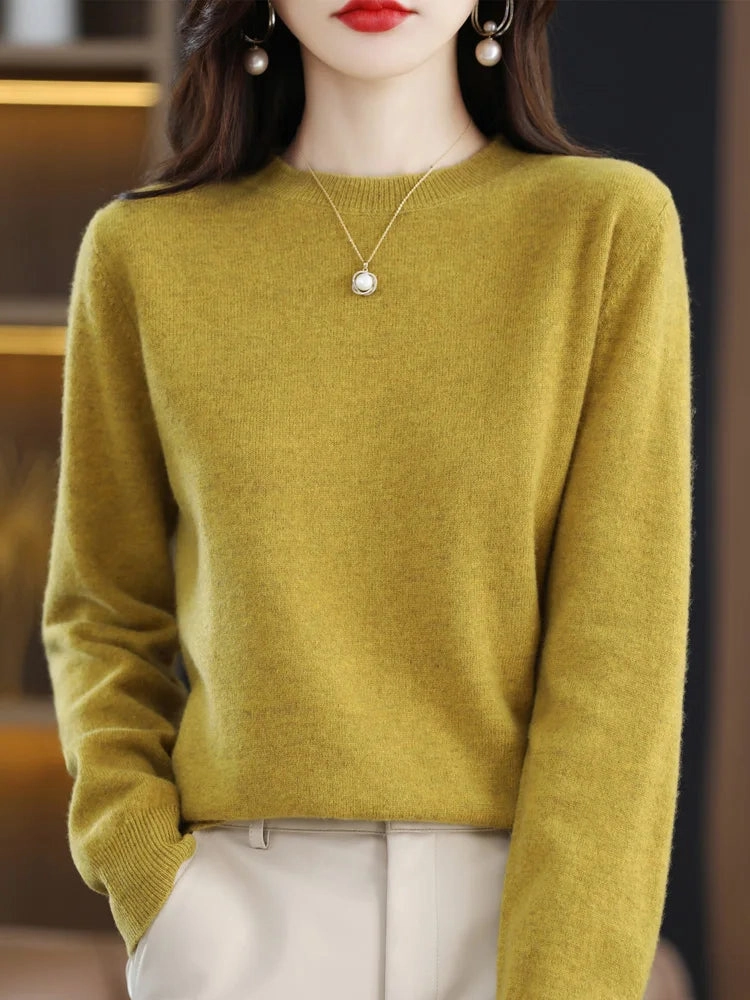Fashion 100% Merino Wool Sweater Elegant Cashmere Pullover for Women O-Neck Long Sleeve Knitwear Jumper Tops Soft Warm Lightweight