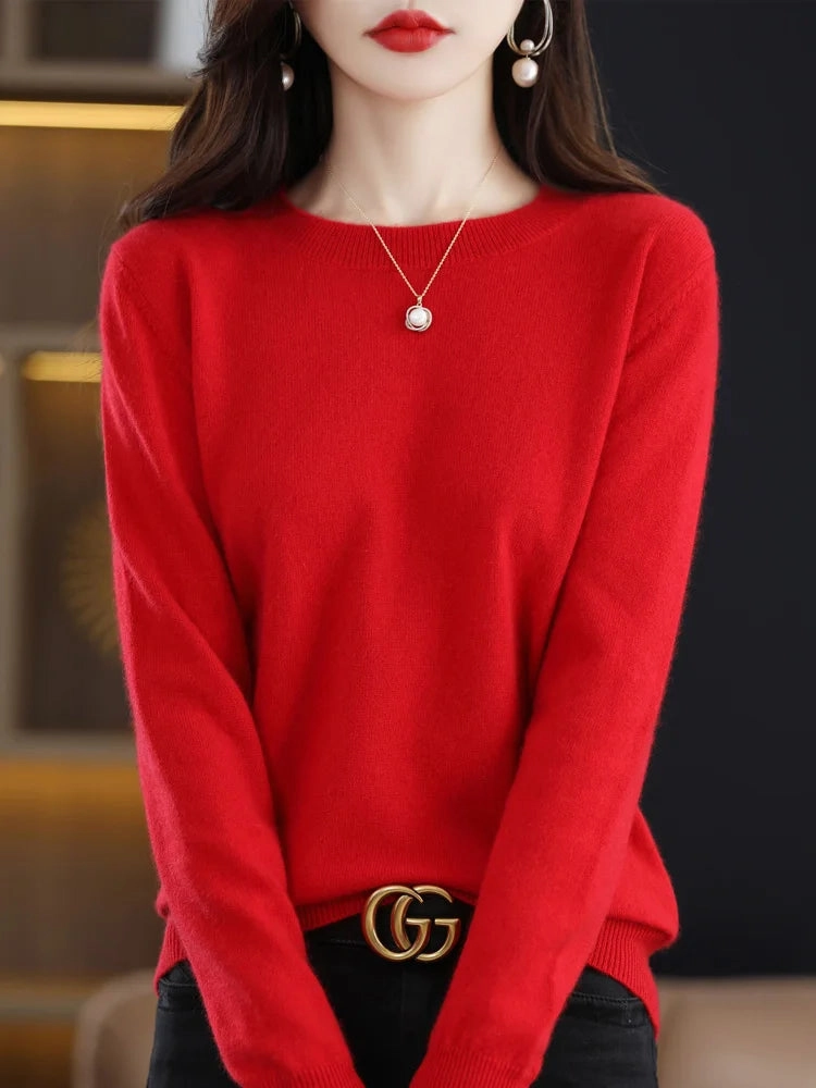 Fashion 100% Merino Wool Sweater Elegant Cashmere Pullover for Women O-Neck Long Sleeve Knitwear Jumper Tops Soft Warm Lightweight