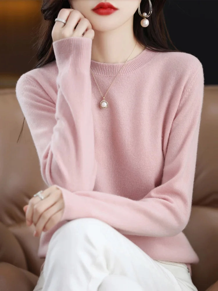 Fashion 100% Merino Wool Sweater Elegant Cashmere Pullover for Women O-Neck Long Sleeve Knitwear Jumper Tops Soft Warm Lightweight
