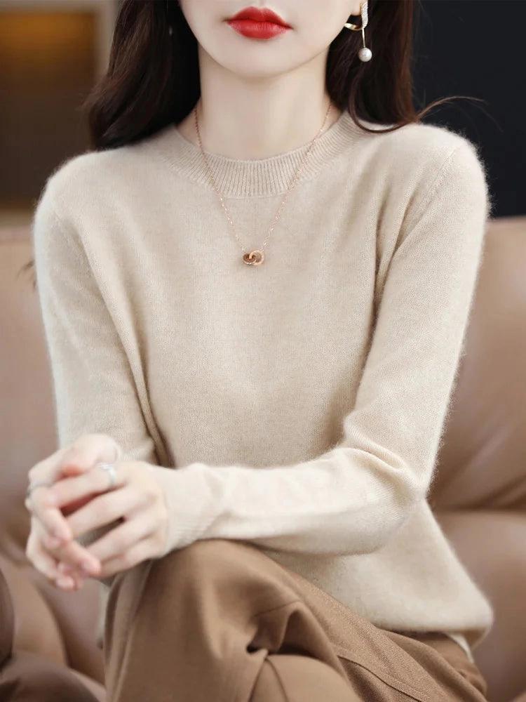 Fashion 100% Merino Wool Sweater Elegant Cashmere Pullover for Women O-Neck Long Sleeve Knitwear Jumper Tops Soft Warm Lightweight