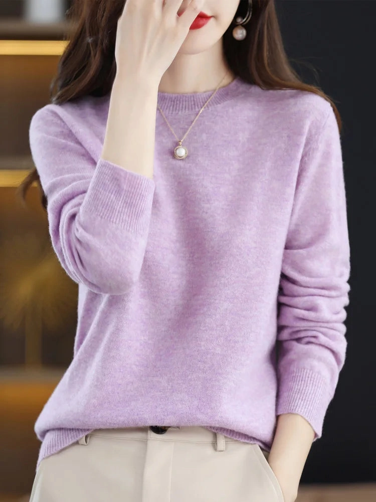 Fashion 100% Merino Wool Sweater Elegant Cashmere Pullover for Women O-Neck Long Sleeve Knitwear Jumper Tops Soft Warm Lightweight
