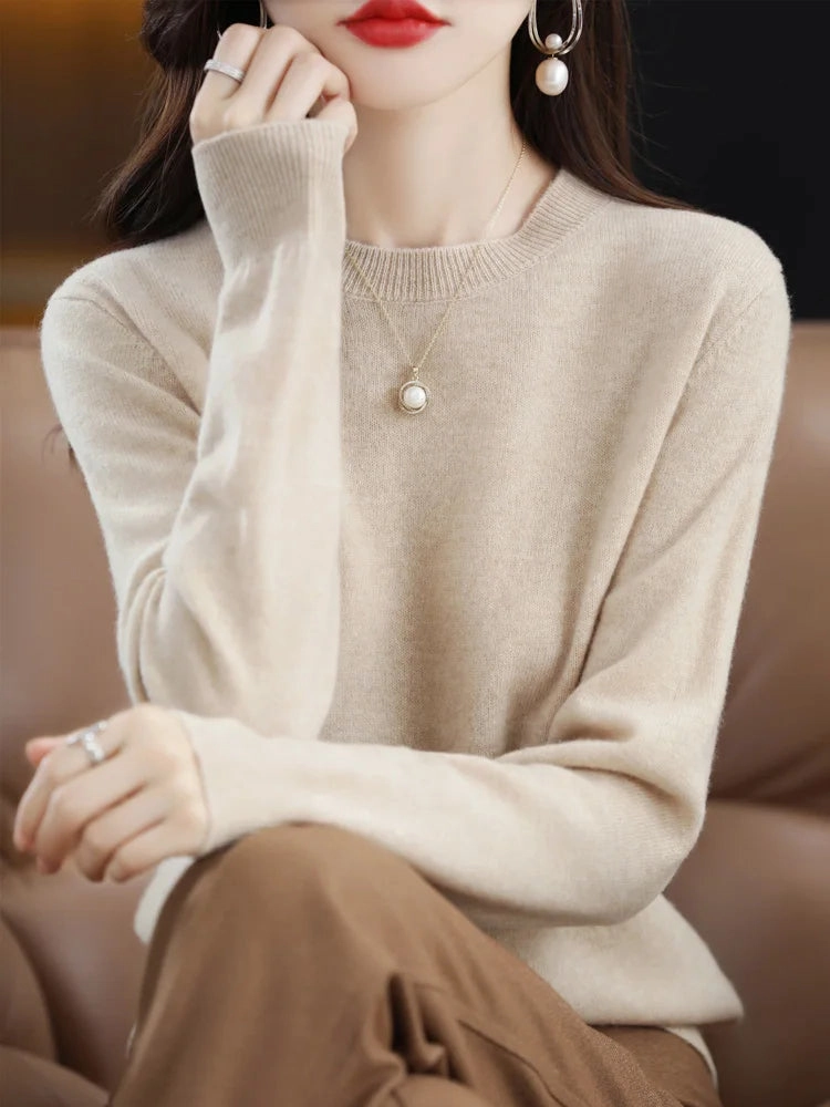 Fashion 100% Merino Wool Sweater Elegant Cashmere Pullover for Women O-Neck Long Sleeve Knitwear Jumper Tops Soft Warm Lightweight