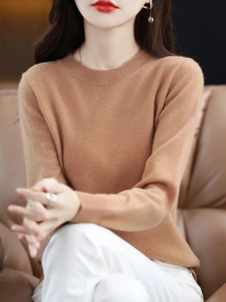 Fashion 100% Merino Wool Sweater Elegant Cashmere Pullover for Women O-Neck Long Sleeve Knitwear Jumper Tops Soft Warm Lightweight