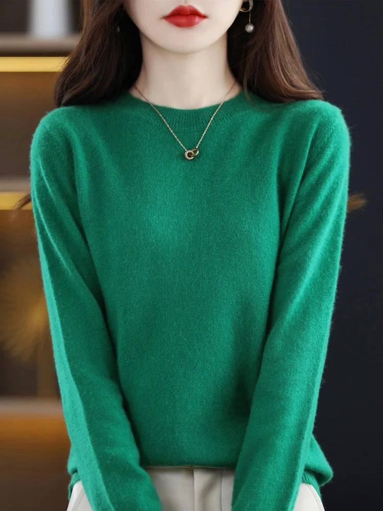 Fashion 100% Merino Wool Sweater Elegant Cashmere Pullover for Women O-Neck Long Sleeve Knitwear Jumper Tops Soft Warm Lightweight