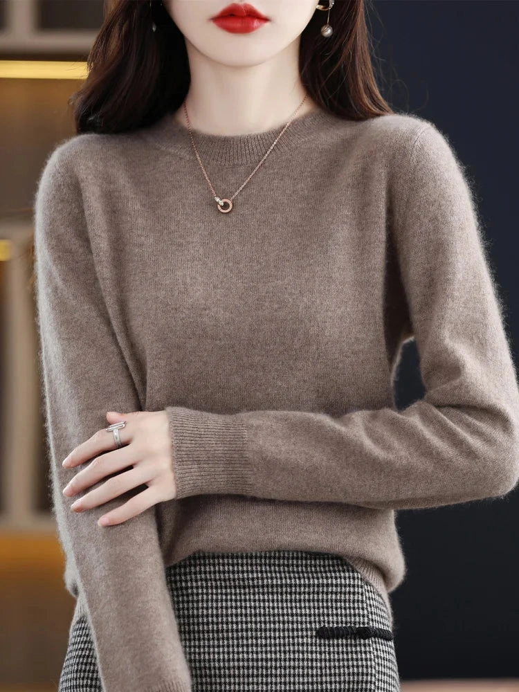 Fashion 100% Merino Wool Sweater Elegant Cashmere Pullover for Women O-Neck Long Sleeve Knitwear Jumper Tops Soft Warm Lightweight