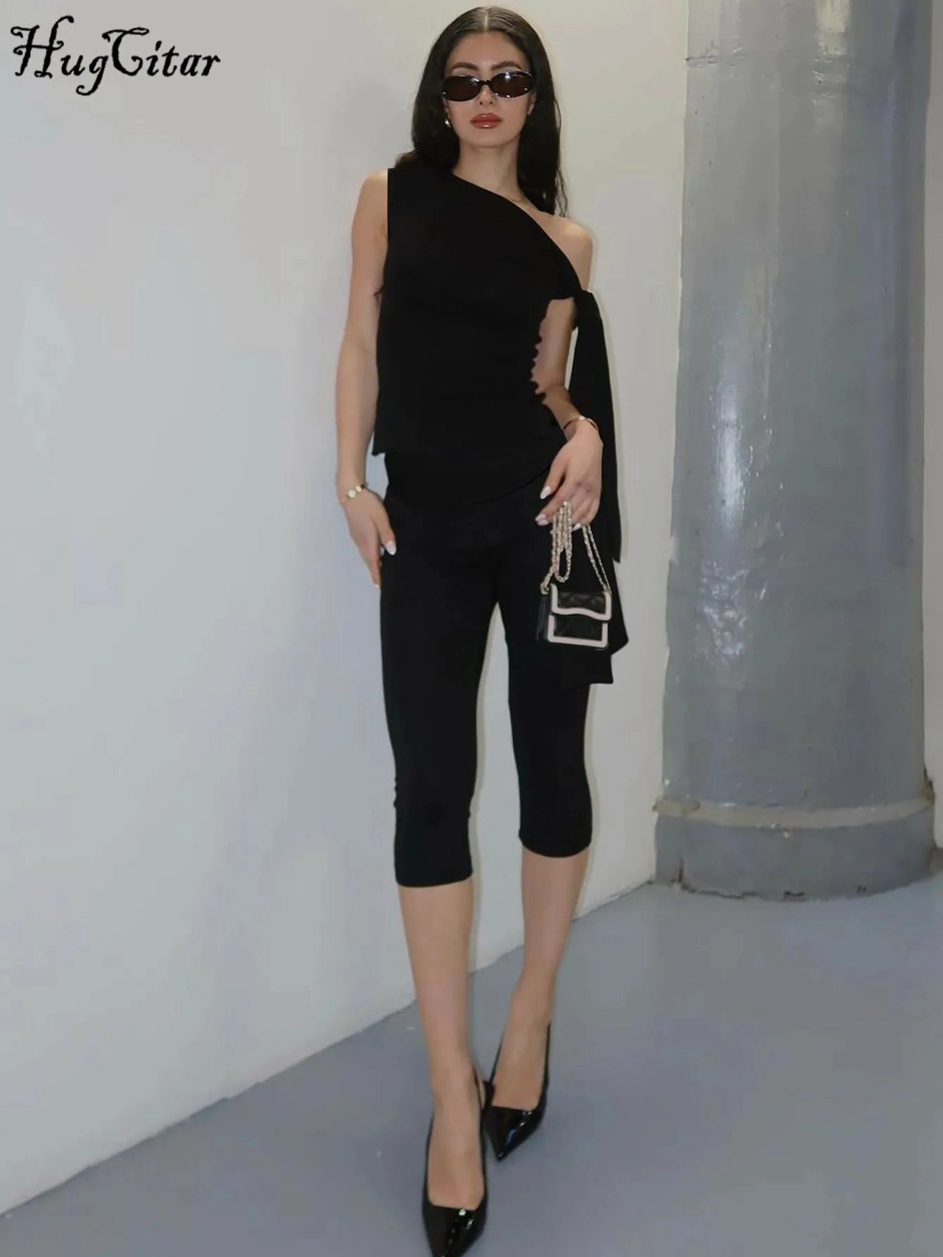 Fashion 2 Piece Set Women??s Sleeveless One Shoulder Top and Knee Length Pants Y2K Festival Party Outfits