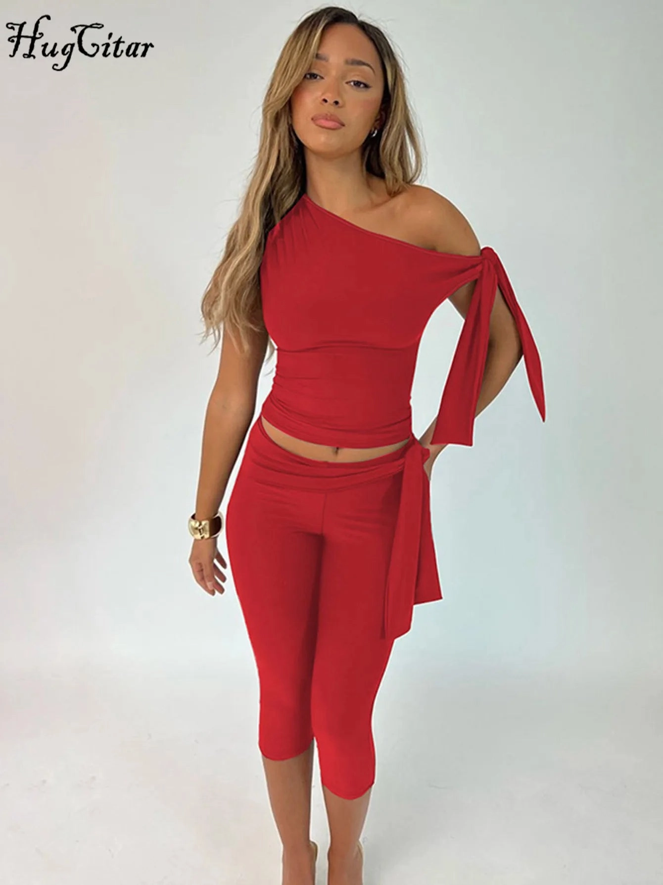 Fashion 2 Piece Set Women??s Sleeveless One Shoulder Top and Knee Length Pants Y2K Festival Party Outfits