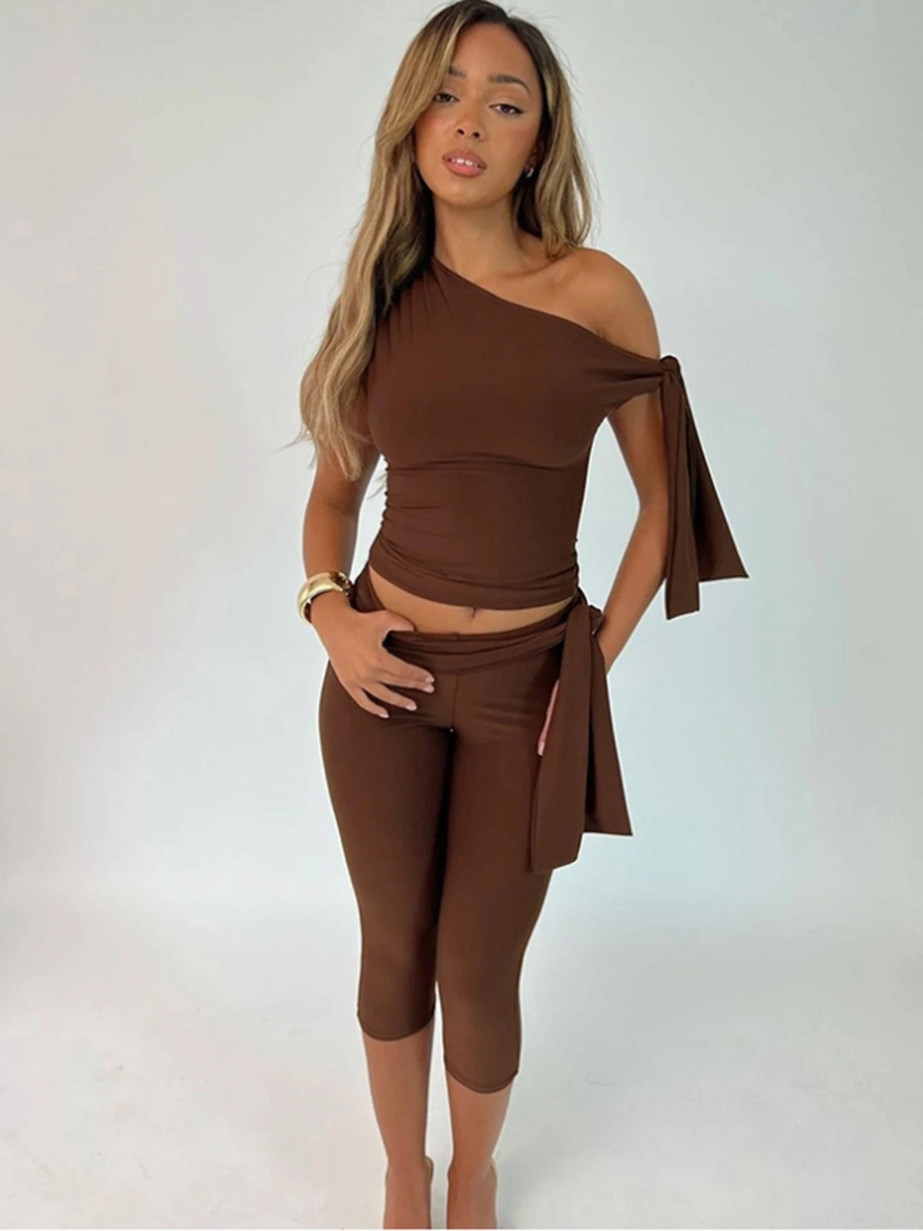 Fashion 2 Piece Set Women??s Sleeveless One Shoulder Top and Knee Length Pants Y2K Festival Party Outfits
