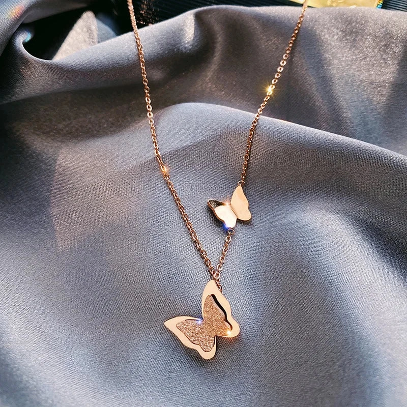 Fashion Letter Good Luck Butterfly Titanium Steel Choker Necklace for Women