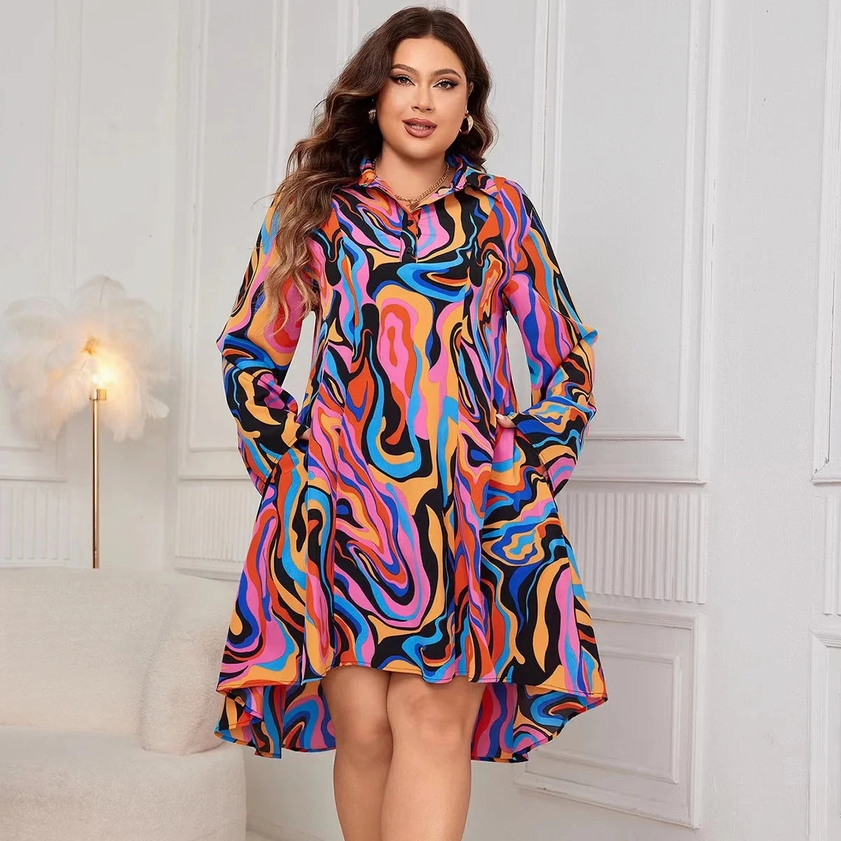 Fashion Print Plus Size Shirt Dress Midi for Summer Beach Party, Half Sleeve with Pockets, Big Hem, Office Ladies Robe, Loose Fit Style