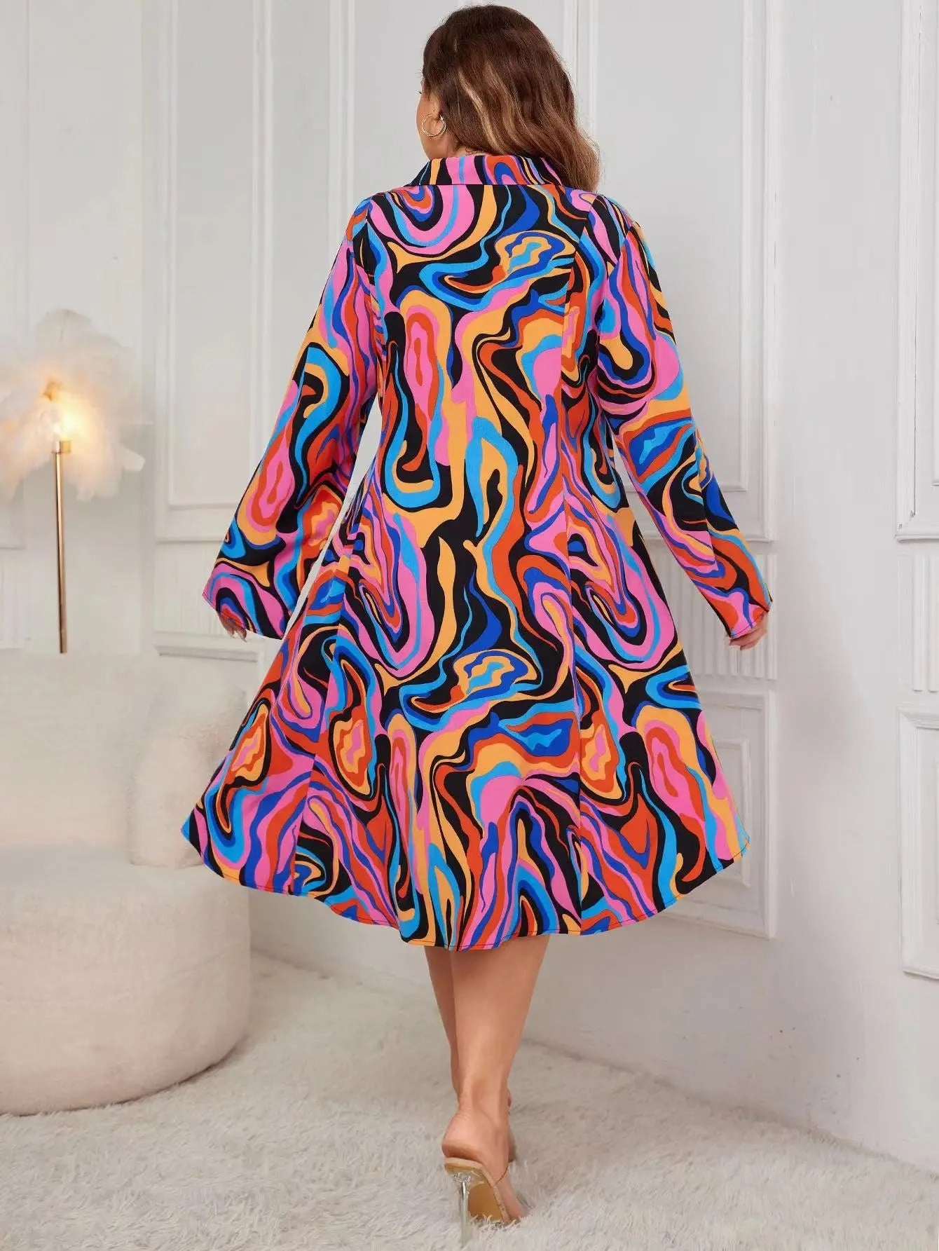 Fashion Print Plus Size Shirt Dress Midi for Summer Beach Party, Half Sleeve with Pockets, Big Hem, Office Ladies Robe, Loose Fit Style