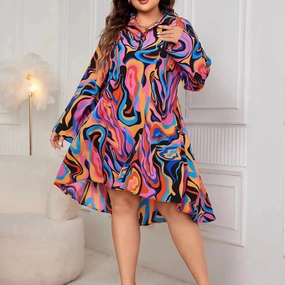 Fashion Print Plus Size Shirt Dress Midi for Summer Beach Party, Half Sleeve with Pockets, Big Hem, Office Ladies Robe, Loose Fit Style