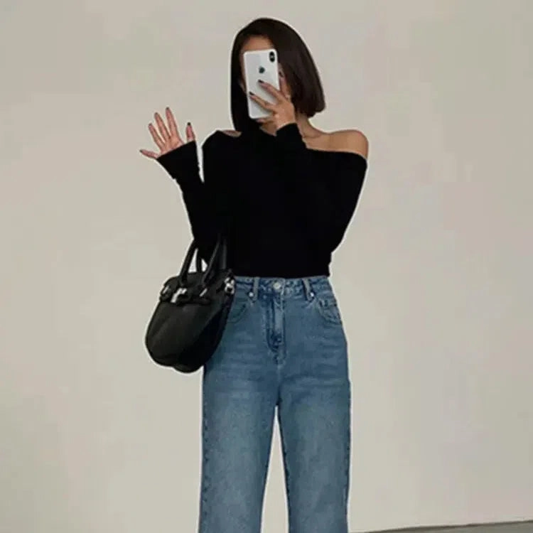 Fashion Skew Collar Off-shoulder Long-sleeved T-shirts Women Spring New Solid Slim Fit Crop Top Sexy Hollow Out Tees Shirts