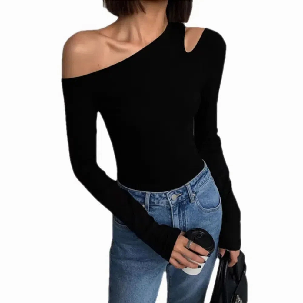 Fashion Skew Collar Off-shoulder Long-sleeved T-shirts Women Spring New Solid Slim Fit Crop Top Sexy Hollow Out Tees Shirts