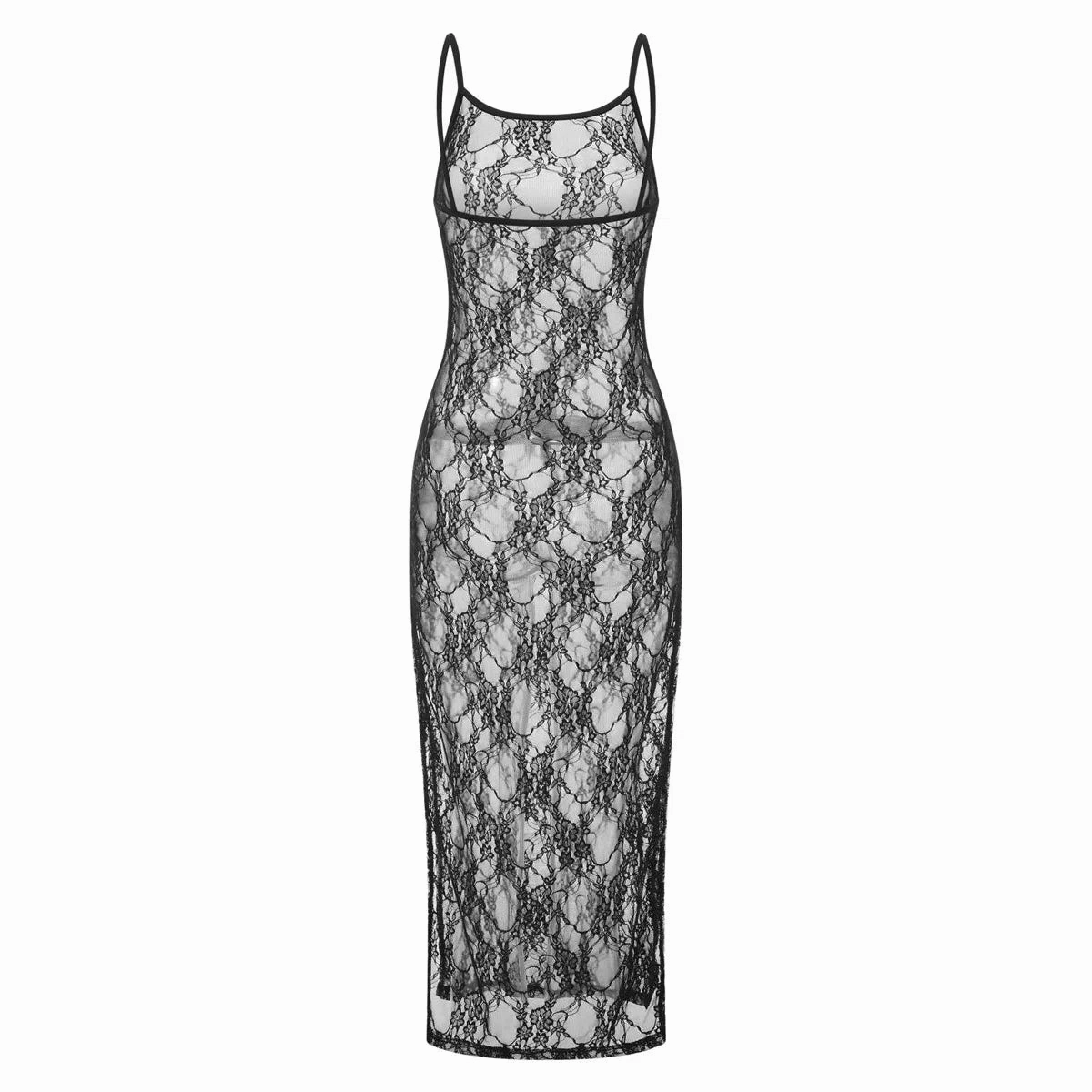 Fashion Spaghetti Strap See Through Midi Dress Women Black Sexy Sheer Mesh Lace Floral Dresses Chic Y2K Beach Outfits