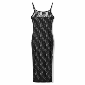Fashion Spaghetti Strap See Through Midi Dress Women Black Sexy Sheer Mesh Lace Floral Dresses Chic Y2K Beach Outfits