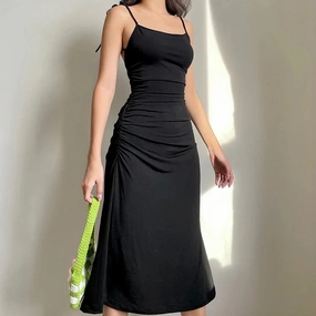 Fashion Strappy Ruched Sexy Black Dress Elegant Backless