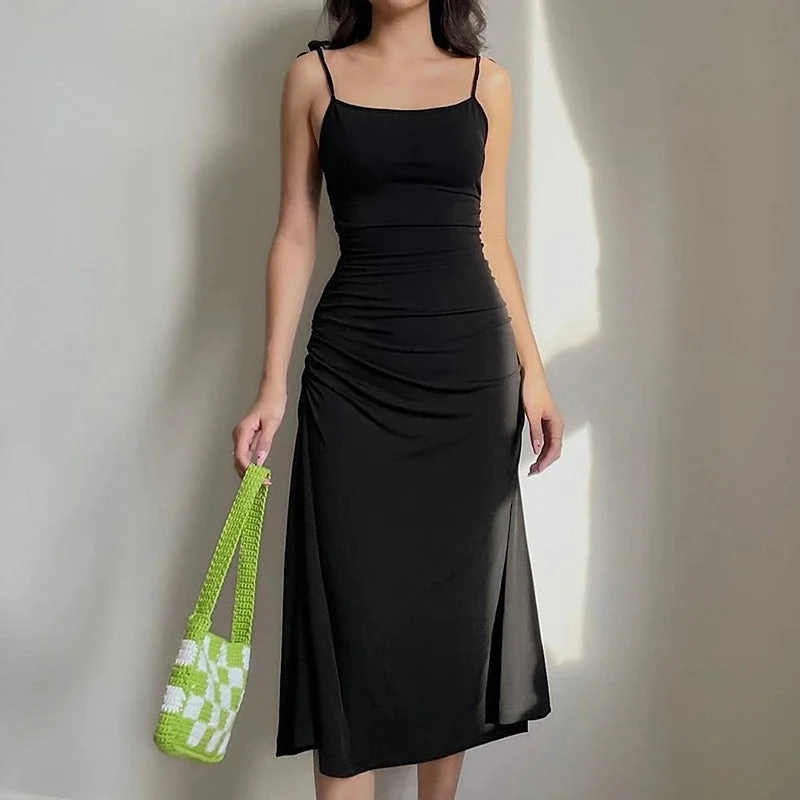 Fashion Strappy Ruched Sexy Black Dress Elegant Backless