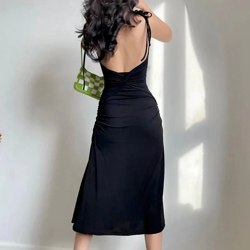 Fashion Strappy Ruched Sexy Black Dress Elegant Backless