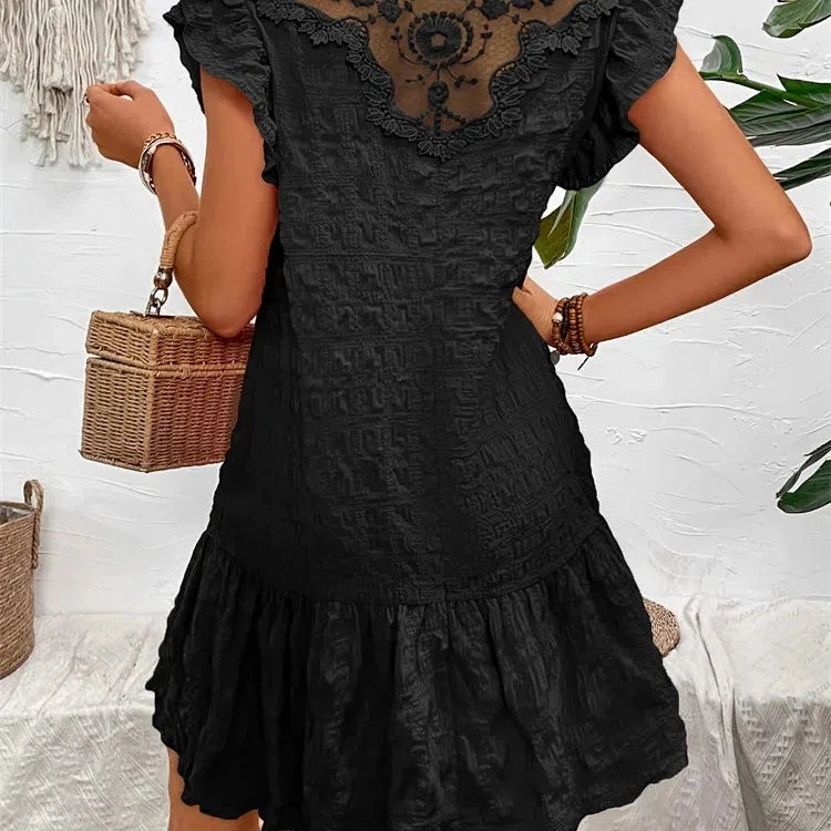 Fashion Summer Dresses Lace Loose Elegant Casual Round Neck Ruffle Trim Dress for Women