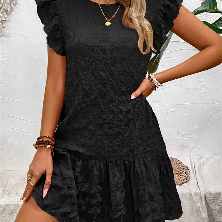 Fashion Summer Dresses Lace Loose Elegant Casual Round Neck Ruffle Trim Dress for Women