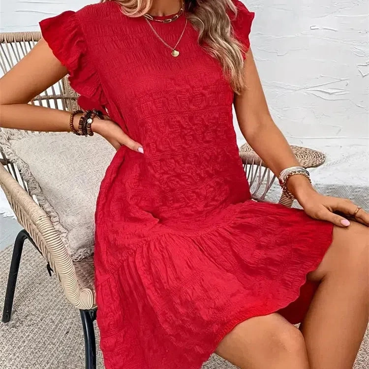 Fashion Summer Dresses Lace Loose Elegant Casual Round Neck Ruffle Trim Dress for Women