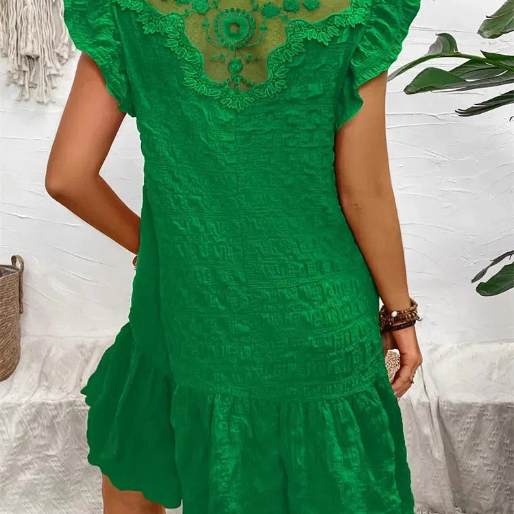Fashion Summer Dresses Lace Loose Elegant Casual Round Neck Ruffle Trim Dress for Women