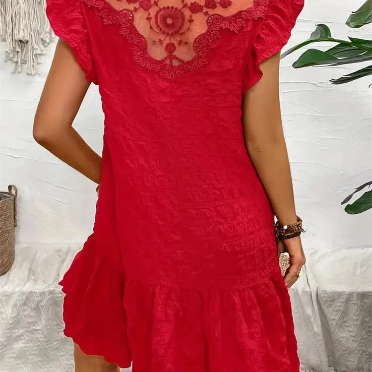 Fashion Summer Dresses Lace Loose Elegant Casual Round Neck Ruffle Trim Dress for Women
