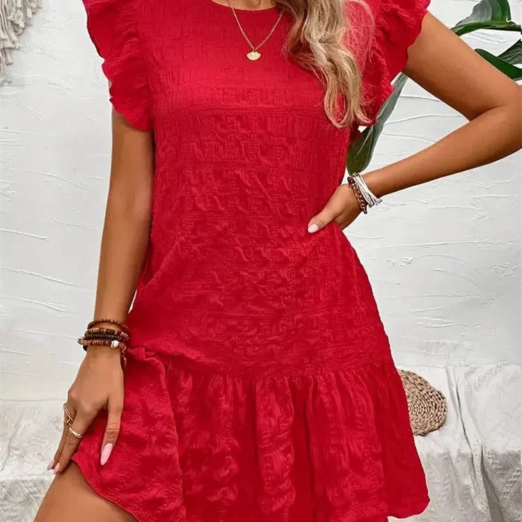 Fashion Summer Dresses Lace Loose Elegant Casual Round Neck Ruffle Trim Dress for Women