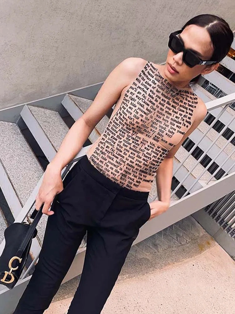 Fashion Trendy Round Collar Sleeveless Tank Mesh Sexy Top for Women