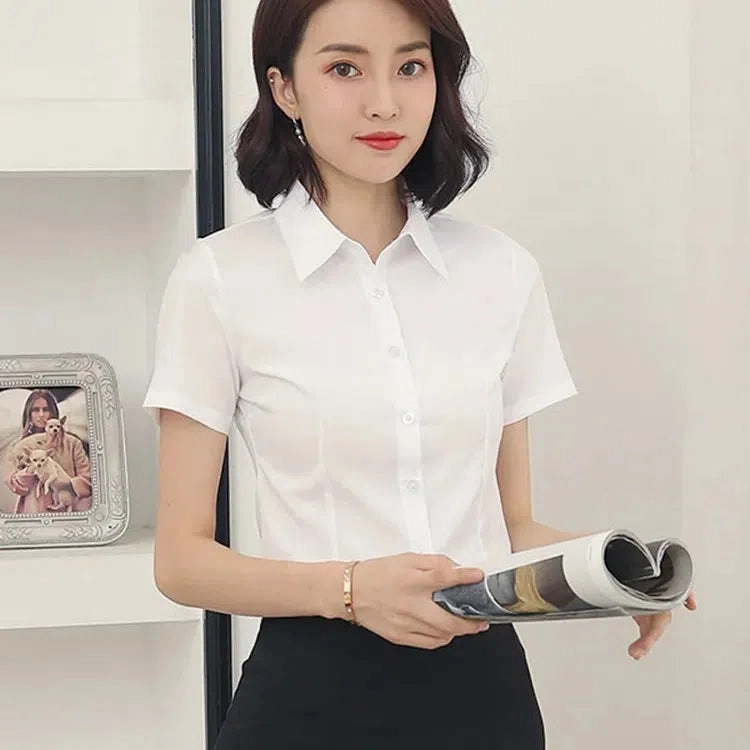 Fashion Woman Blouses V-neck Short Sleeve Solid Work Tops