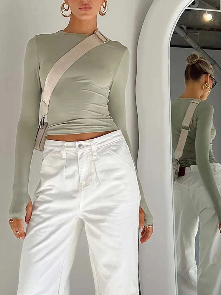 Fashion Women Long Sleeve Crew Neck Slim Fit Crop Top with Thumb Holes for Daily Summer Streetwear