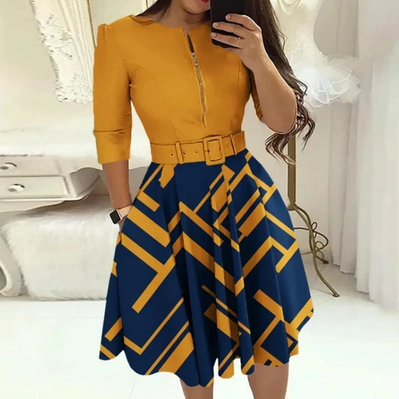 Fashion Women Patchwork A-line Dress for Autumn/Winter