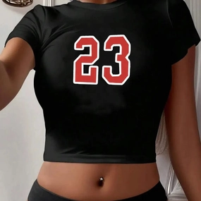 Fashion Women's Crop Tops Simple Number 23 Print Tee Shirts