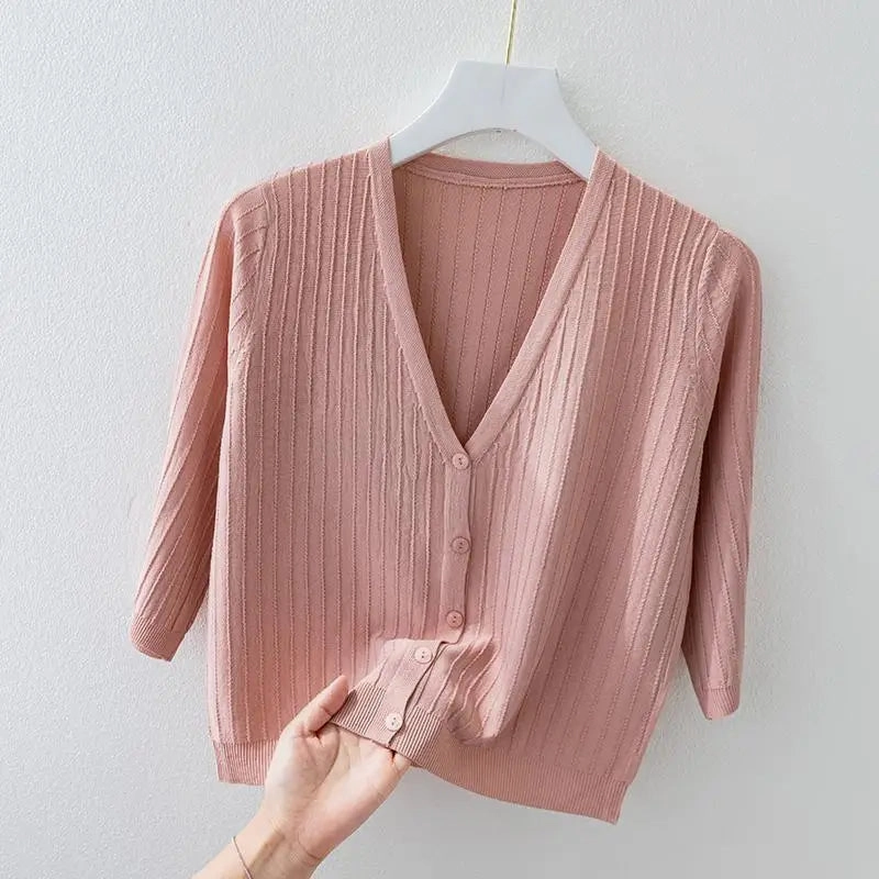 Fashion Women Solid Knitted Sweaters Coats V-neck Half Sleeve Cardigan
