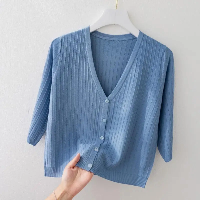 Fashion Women Solid Knitted Sweaters Coats V-neck Half Sleeve Cardigan
