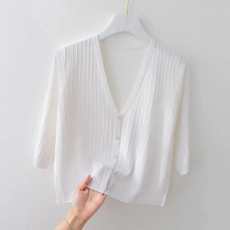 Fashion Women Solid Knitted Sweaters Coats V-neck Half Sleeve Cardigan