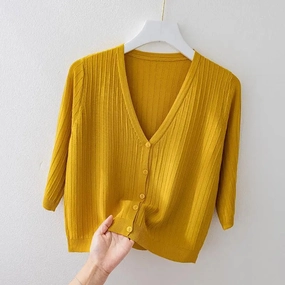 Fashion Women Solid Knitted Sweaters Coats V-neck Half Sleeve Cardigan