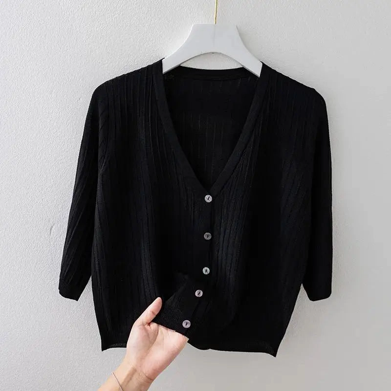 Fashion Women Solid Knitted Sweaters Coats V-neck Half Sleeve Cardigan