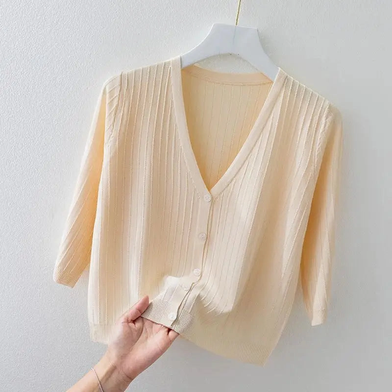 Fashion Women Solid Knitted Sweaters Coats V-neck Half Sleeve Cardigan